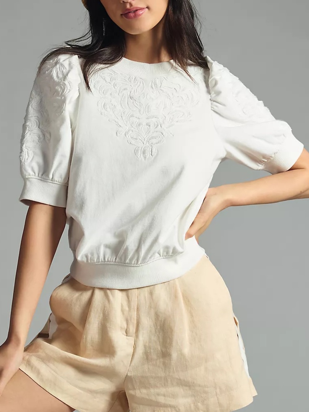 By Anthropologie Embroidered Puff Sleeve Sweatshirt Top White 100% Cotton XL